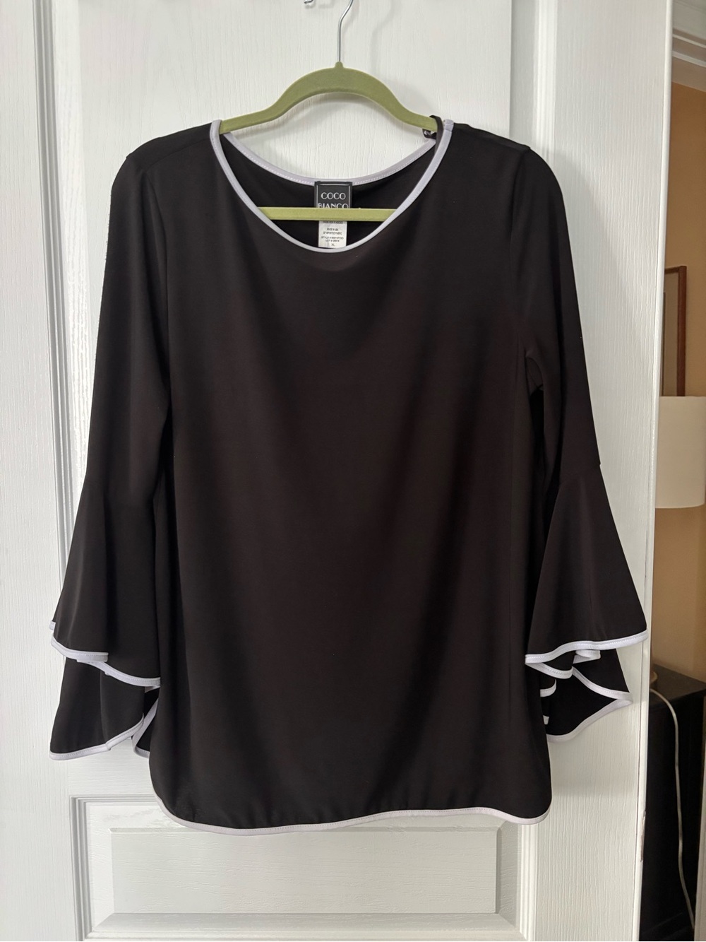 Coco Bianco Black Top with White Trim and Bell Sleeves